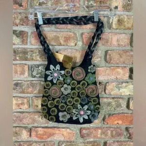 NWT Rising Tide Handmade Felted Wool Purse flower leaf design black
